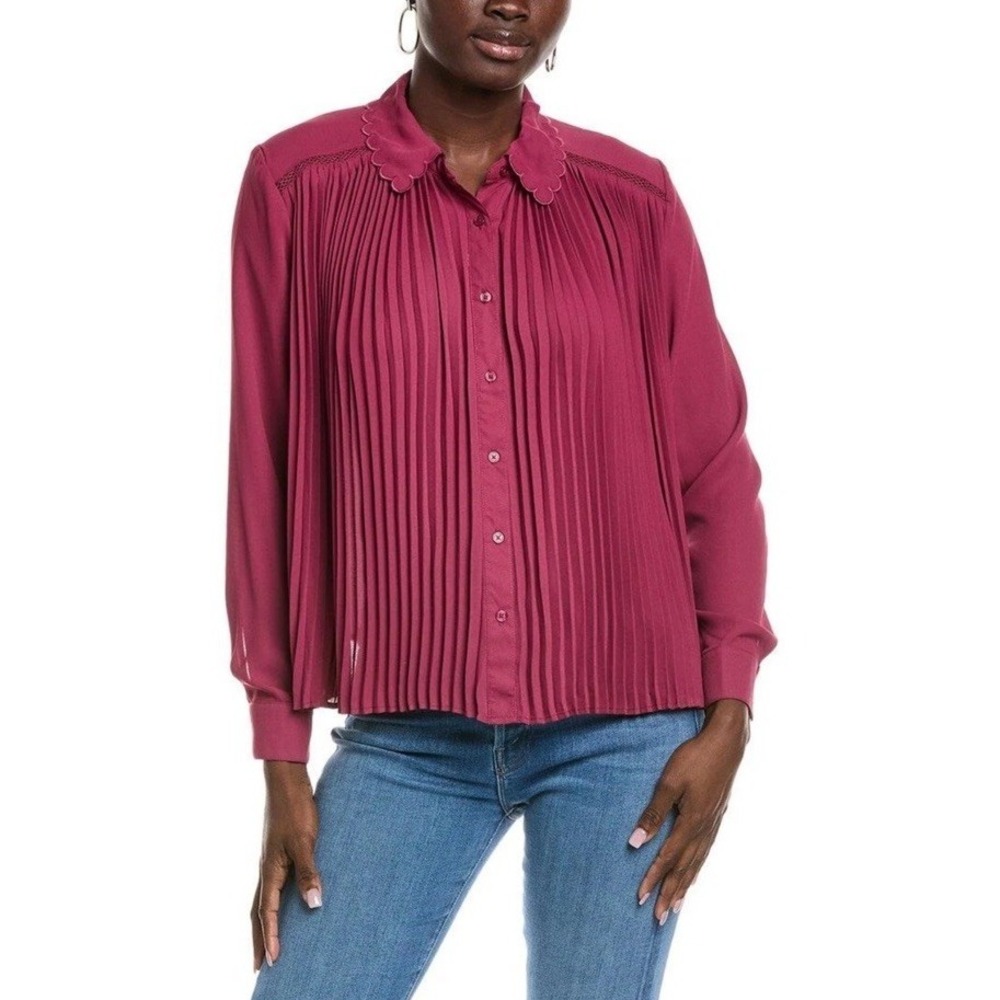 Nanette Lepore Accordion Pleated Blouse XL Merlot Button Front Scalloped NWT